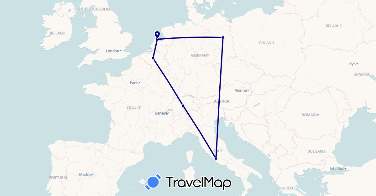 TravelMap itinerary: driving in Belgium, Switzerland, Germany, Italy, Netherlands (Europe)